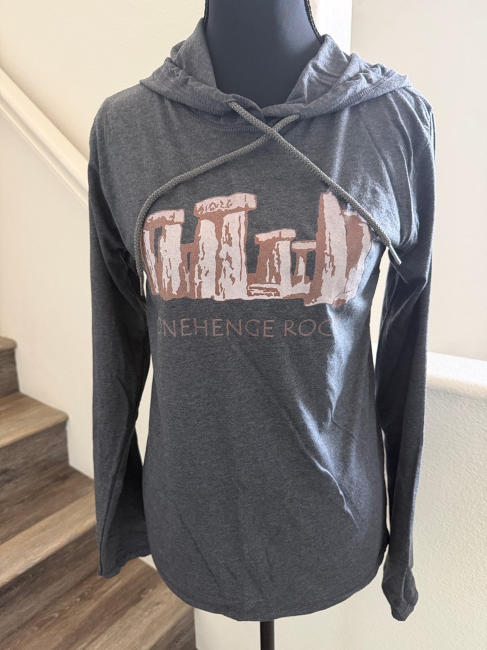 Gildan Charcoal T Shirt Hoodie with Stonehenge Graphic.